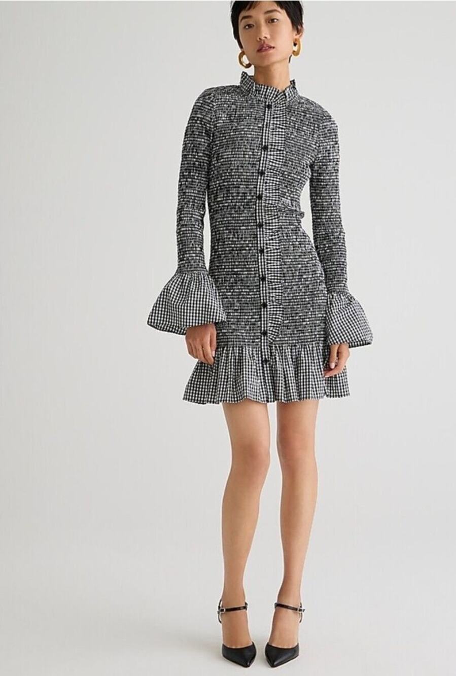 J Crew Black White Smocked Gingham Mini dress Ruffle Sleeves Small NEW